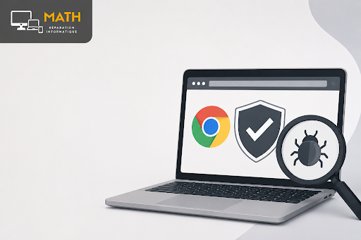 Ordinateur portable affichant un navigateur, un virus et un bouclier de sécurité pour illustrer la suppression d’un virus.